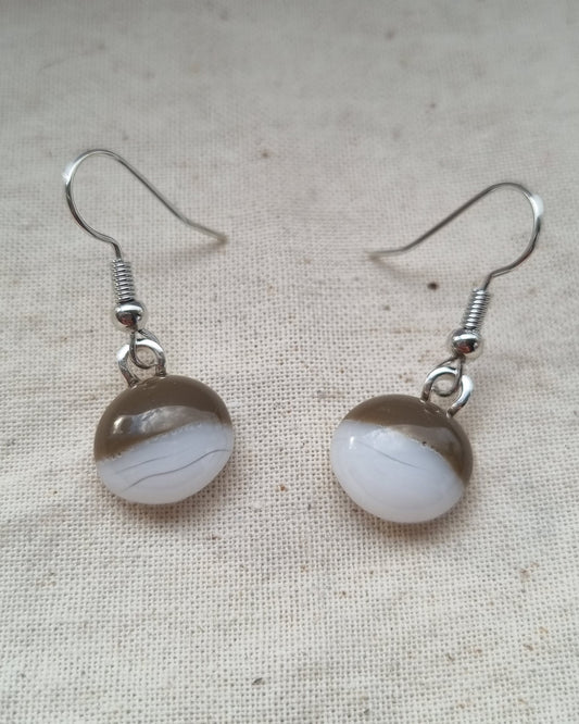 Brown and white, handmade glass pebble earrings