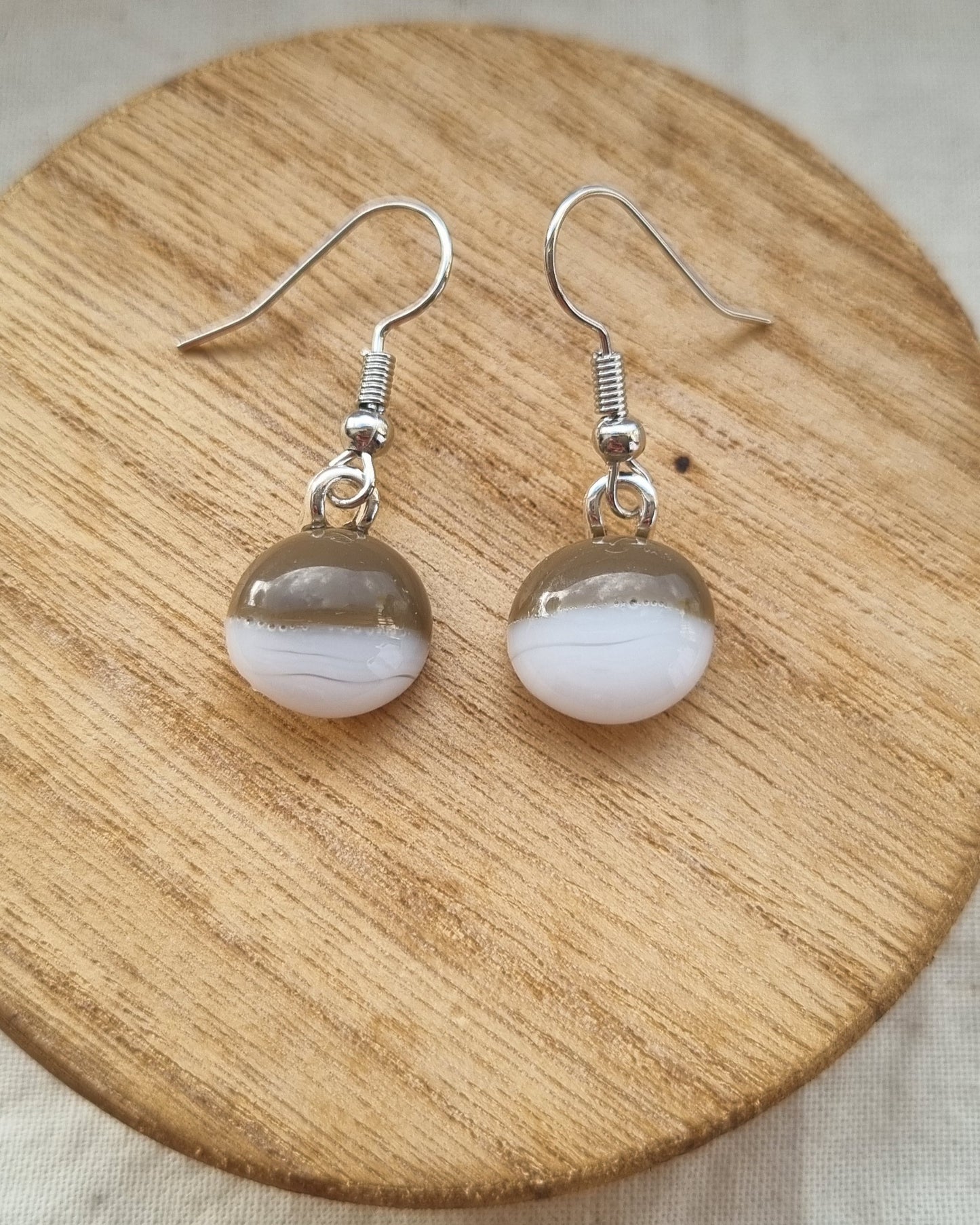Brown and white, handmade glass pebble earrings