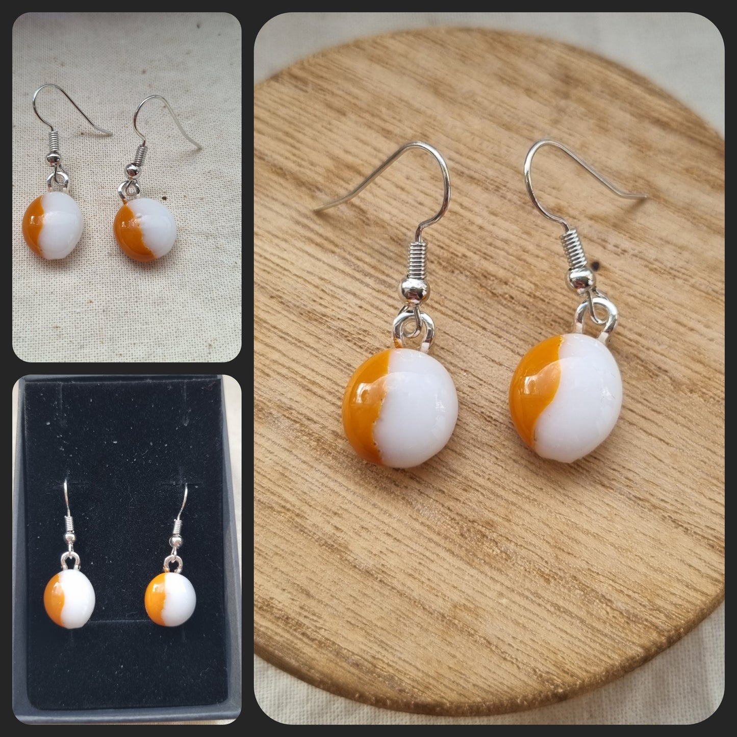 Orange and white, handmade glass pebble earrings