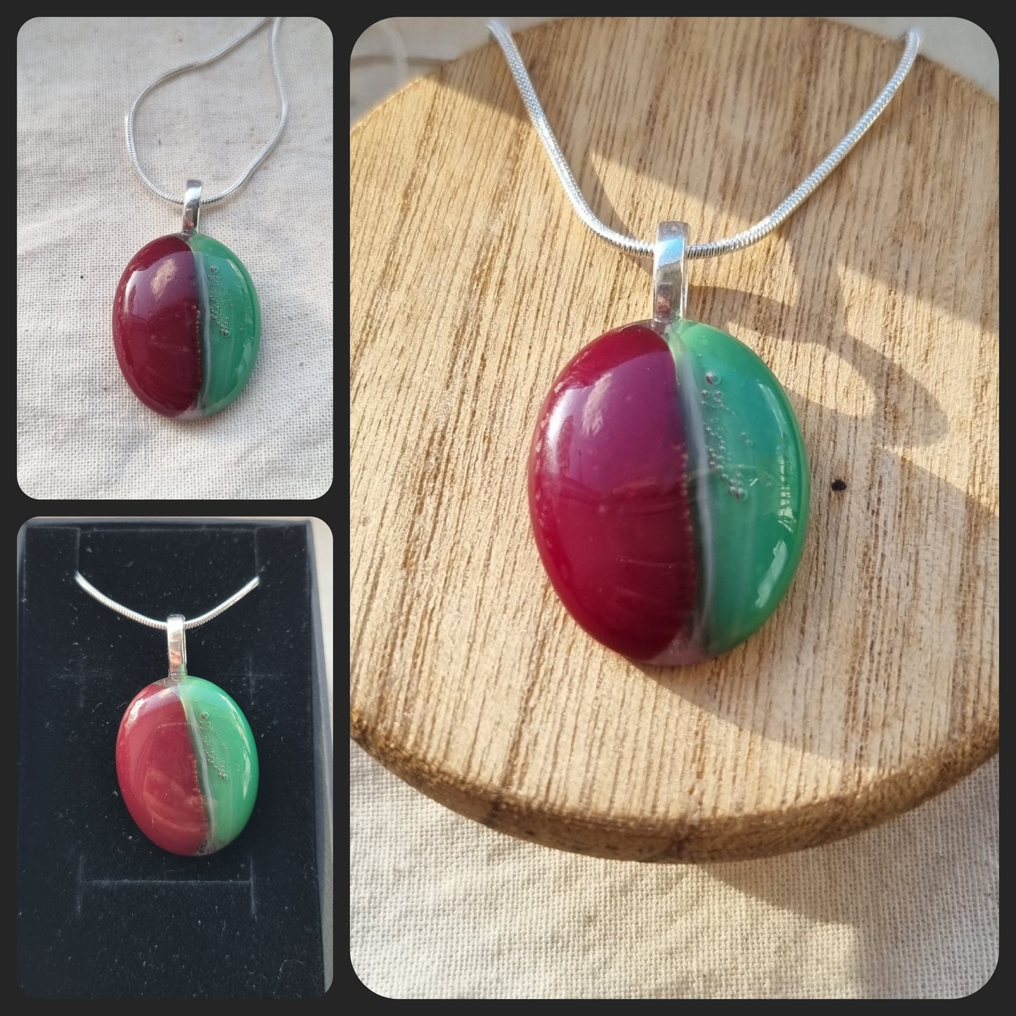 Red and green, handmade glass pebble pendant
