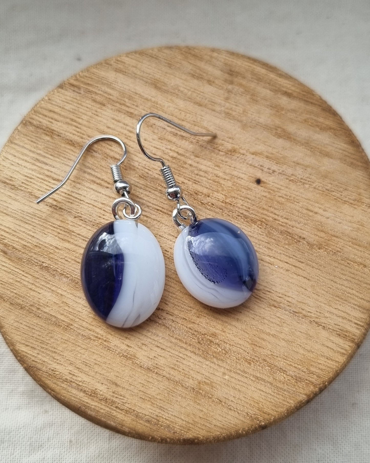 Handmade purple and white glass pebble earrings
