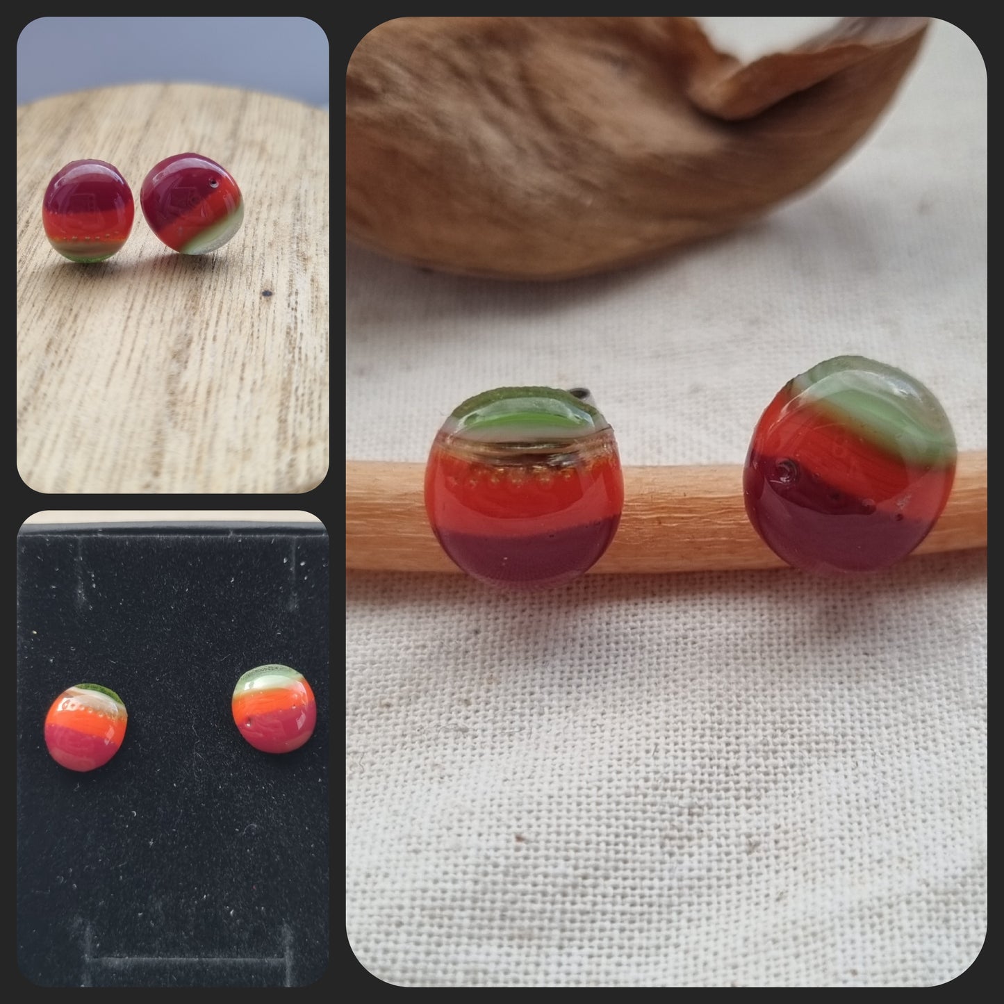 Autumn leaves, Green, orange and red, handmade, glass pebble stud earrings.