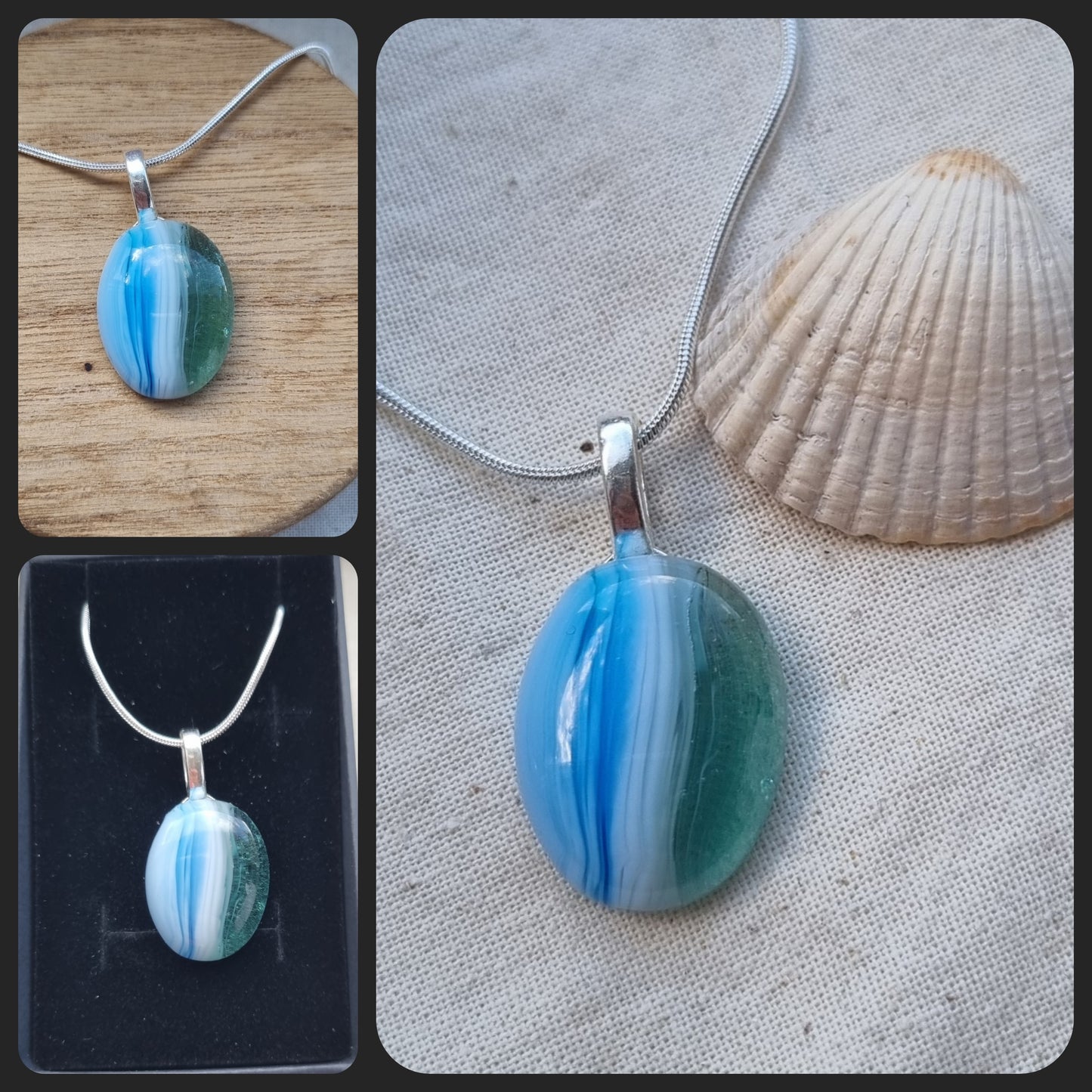 Ocean inspired, blue white and green, handmade glass pebble pendant