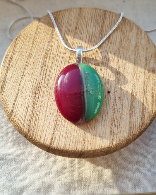 Red and green, handmade glass pebble pendant