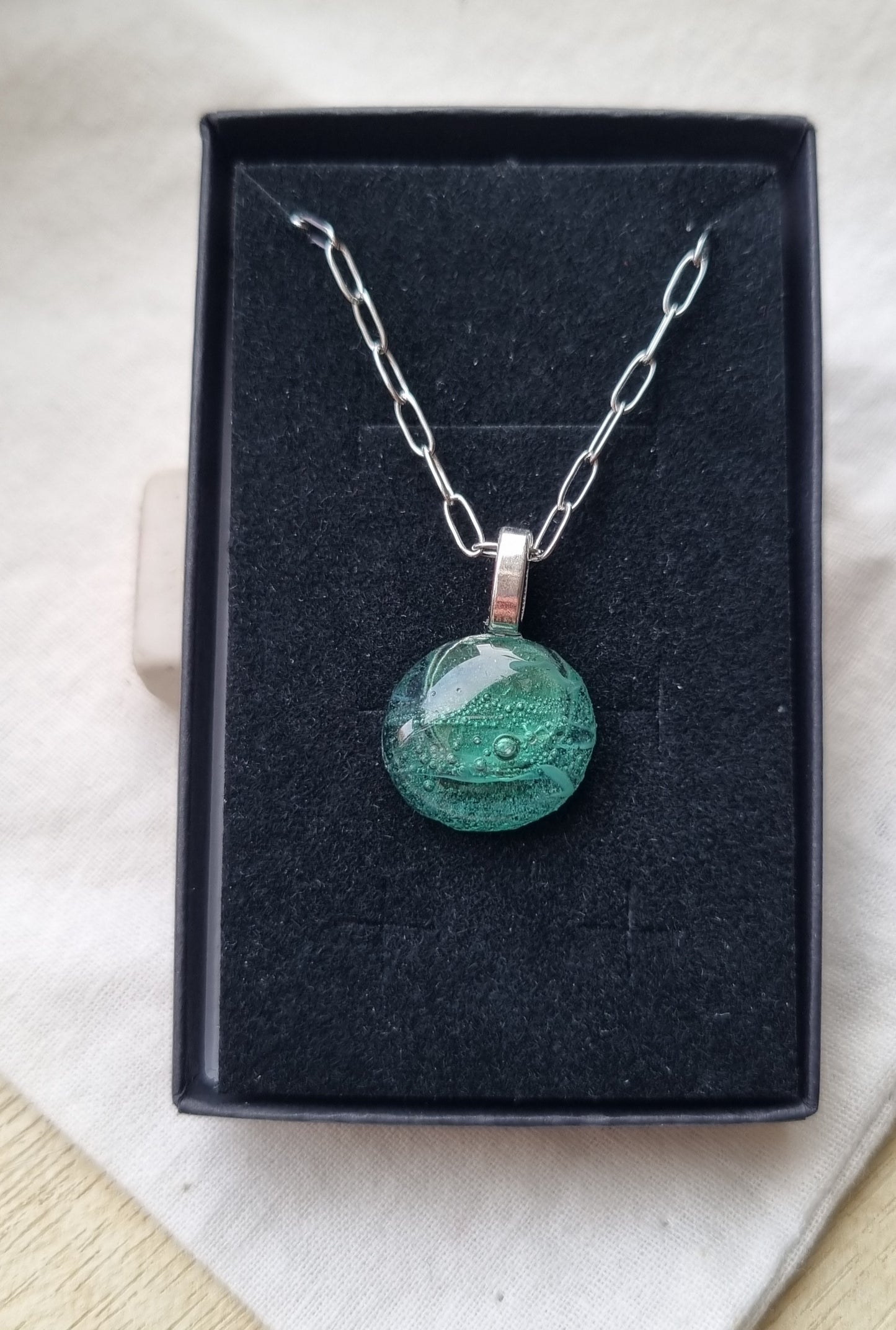 Green fused glass pebble necklace