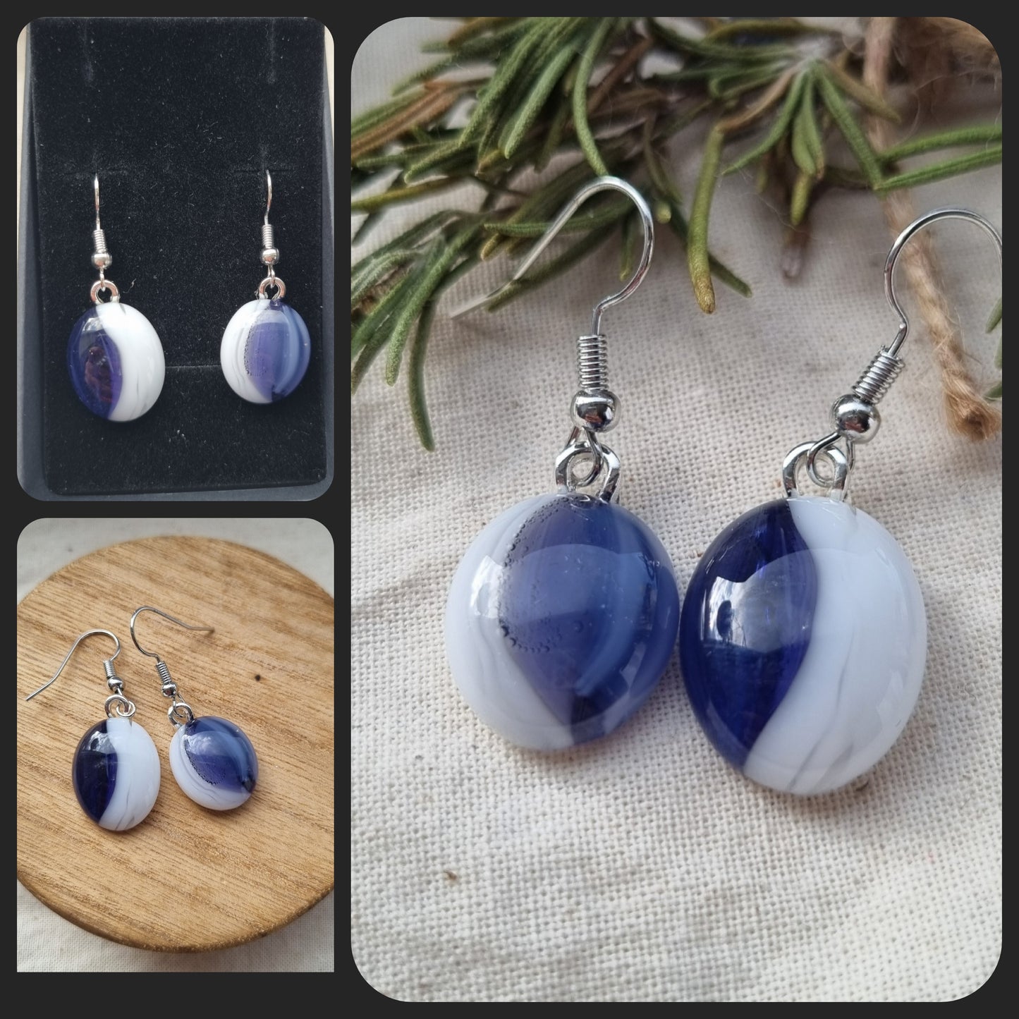 Handmade purple and white glass pebble earrings