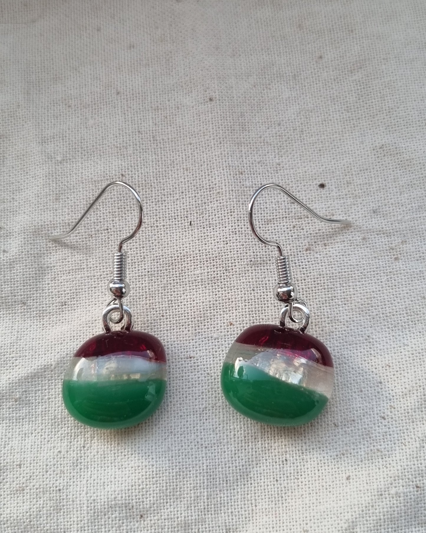 Red and green, handmade glass pebble earrings
