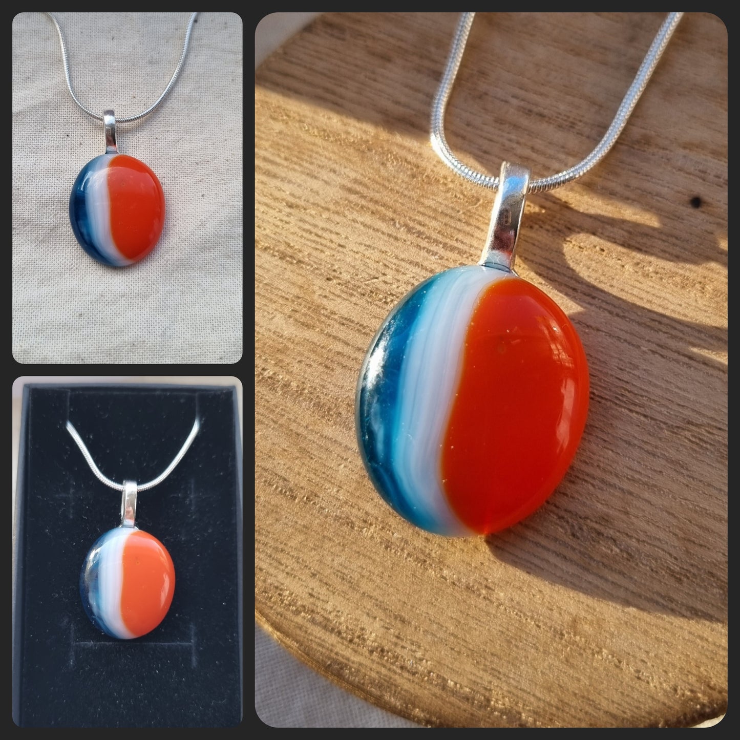 Blue, orange and white, handmade glass pebble pendant.