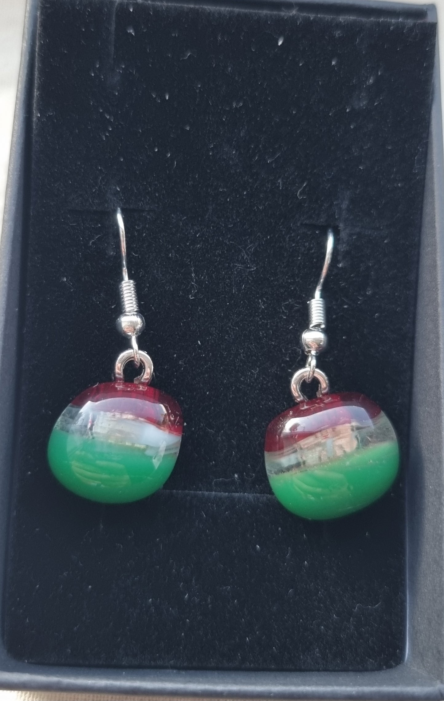 Red and green, handmade glass pebble earrings