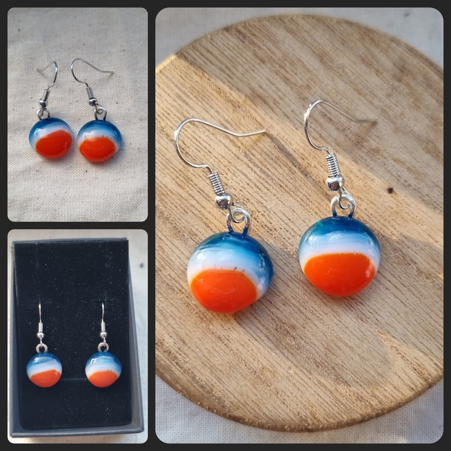 Blue, white and orange handmade glass pebble earrings