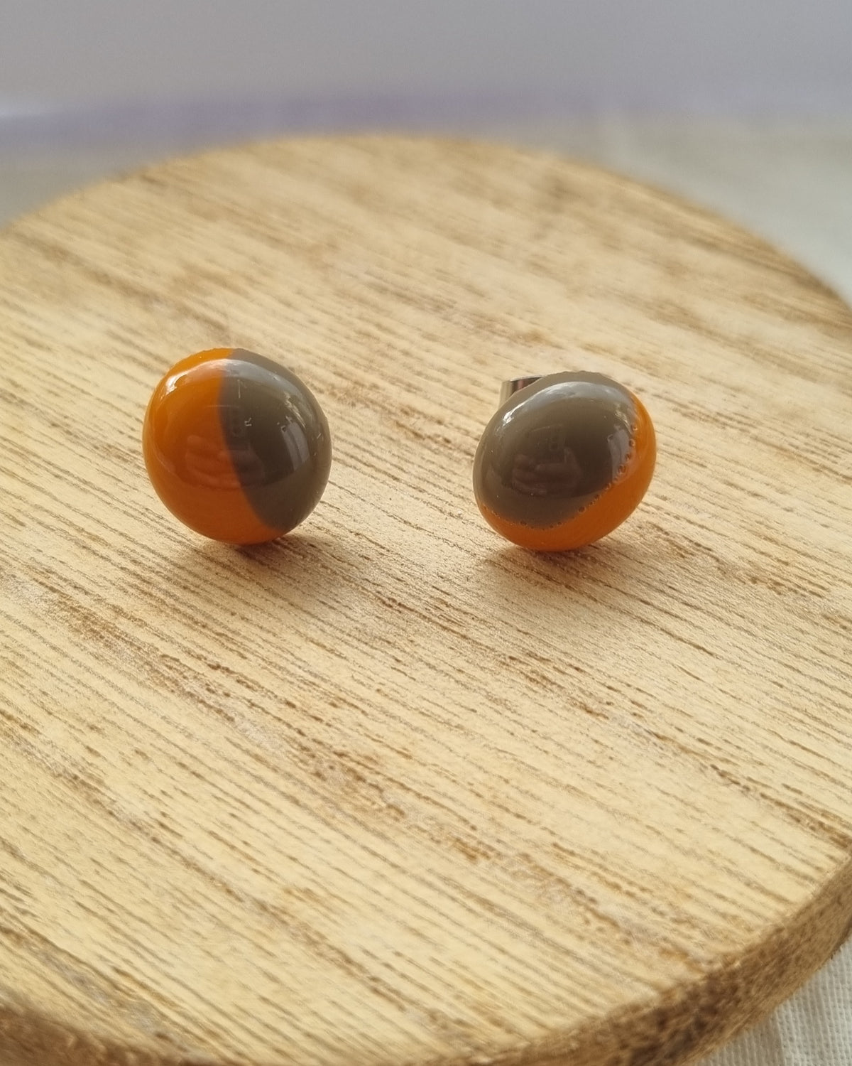 Handmade Brown and caramel coloured, glass pebble stud earrings