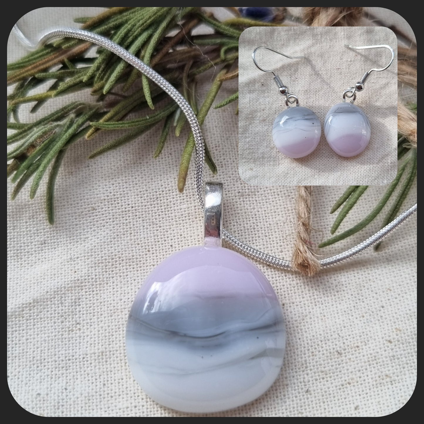 Handmade pink, grey and white glass pebble earrings