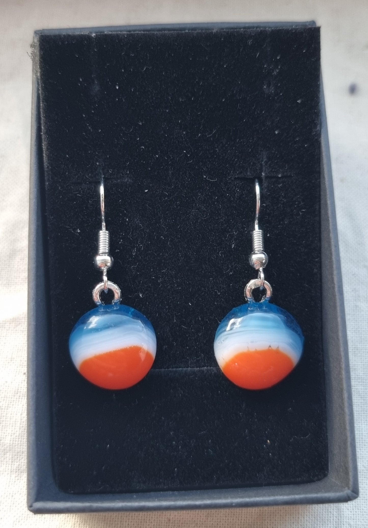 Blue, white and orange handmade glass pebble earrings