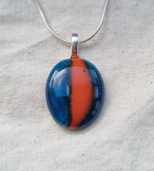 Handmade Blue and orange, glass pebble pendant