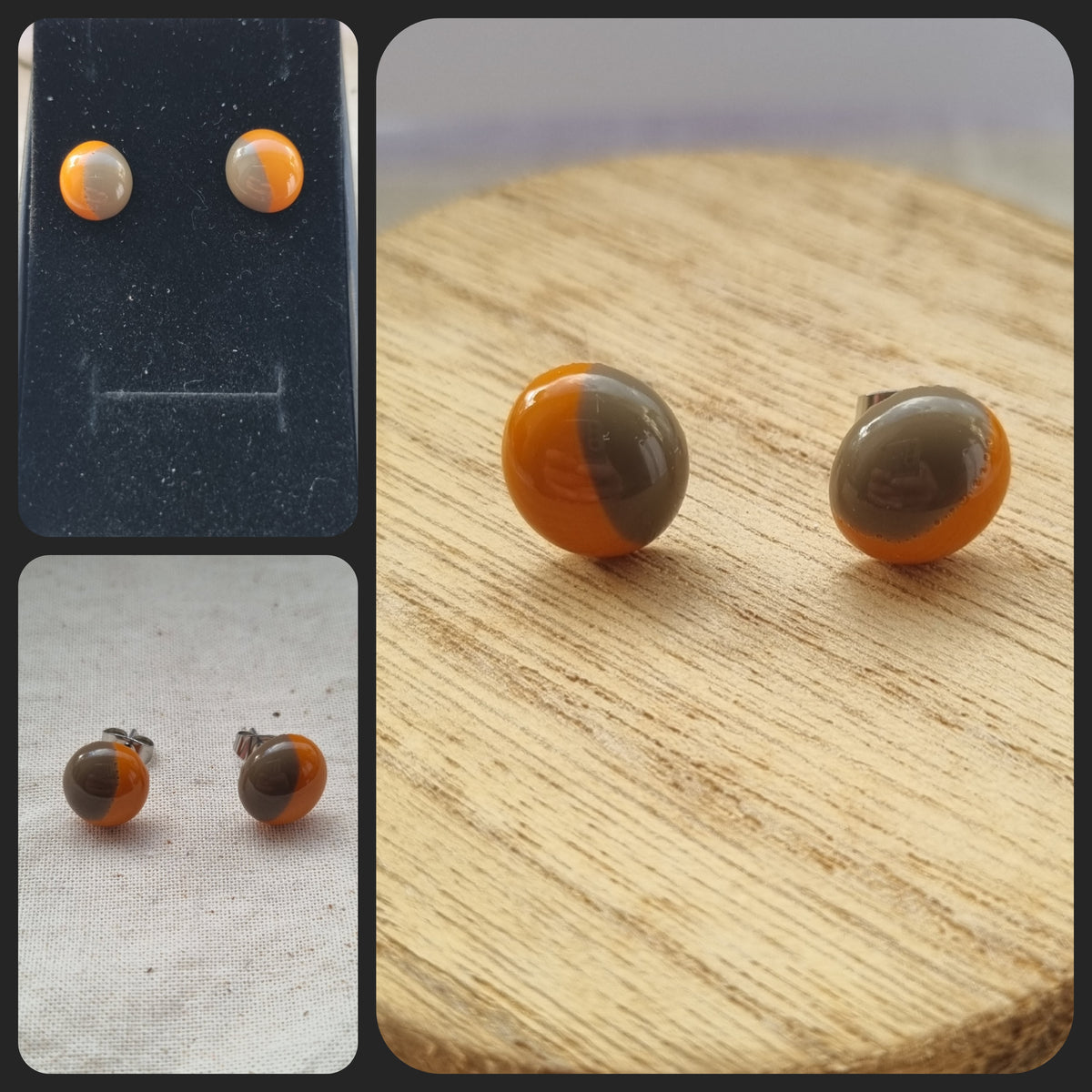 Handmade Brown and caramel coloured, glass pebble stud earrings
