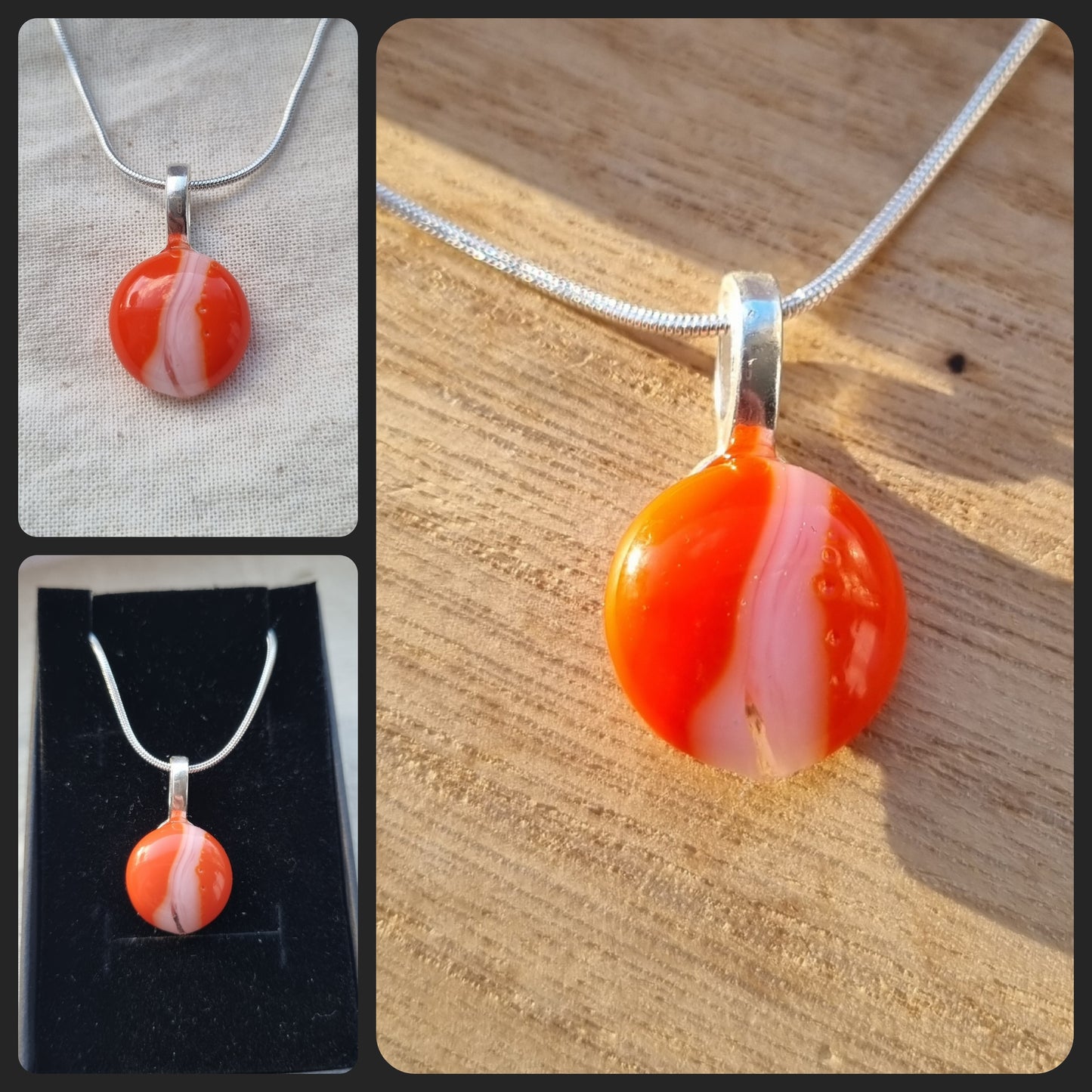 Orange and white, handmade glass pebble pendant