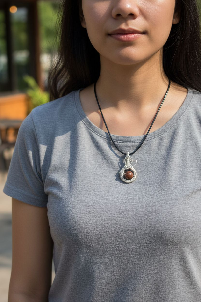 Goldstone and wire weave pendant