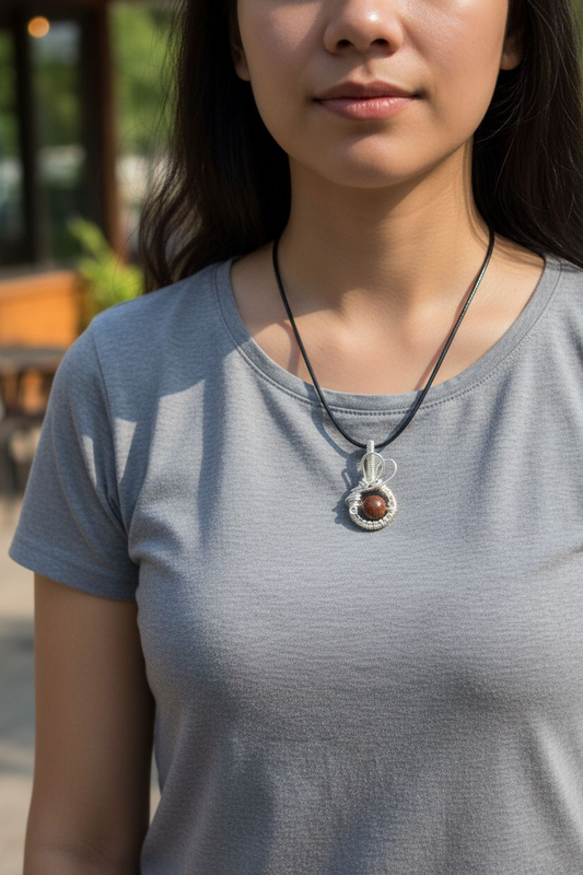 Goldstone and wire weave pendant
