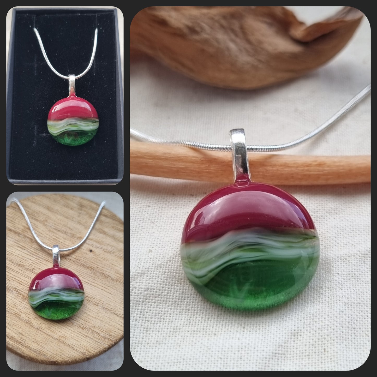 Shades of greens and red, handmade glass pebble pendant