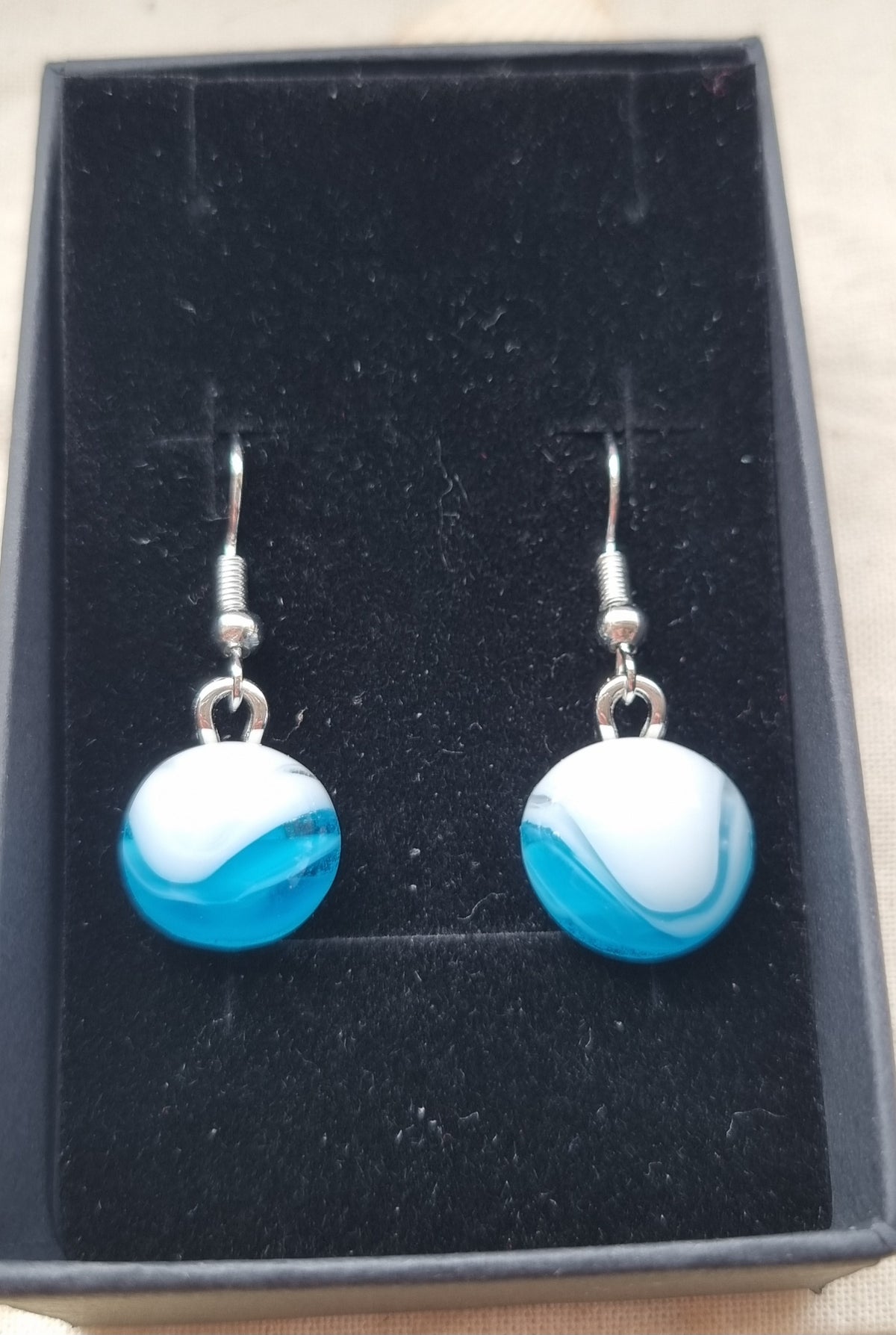 Blue and white handmade glass pebble earrings