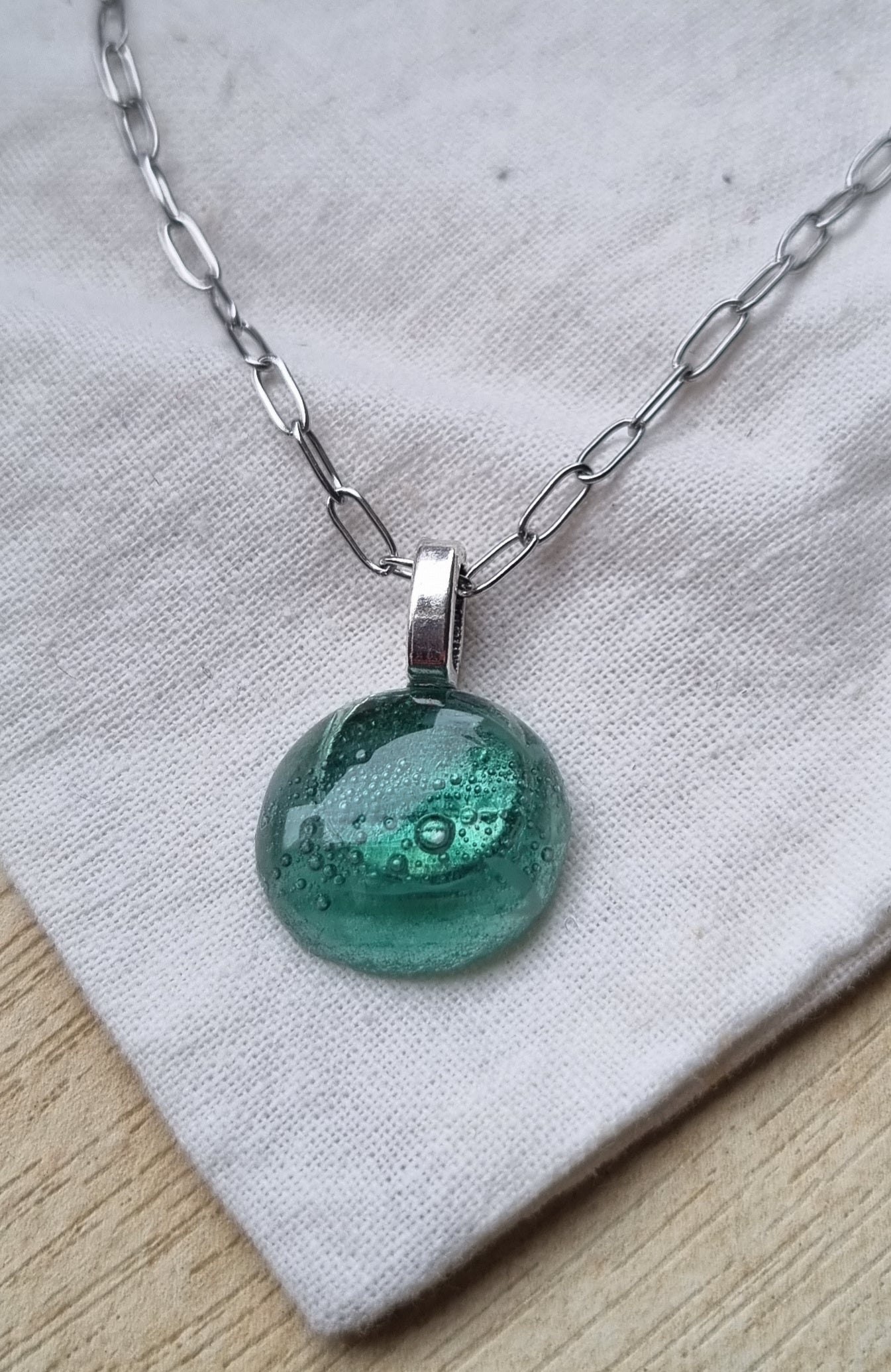 Green fused glass pebble necklace