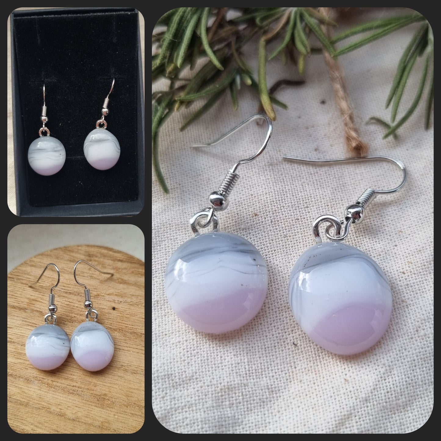 Handmade pink, grey and white glass pebble earrings