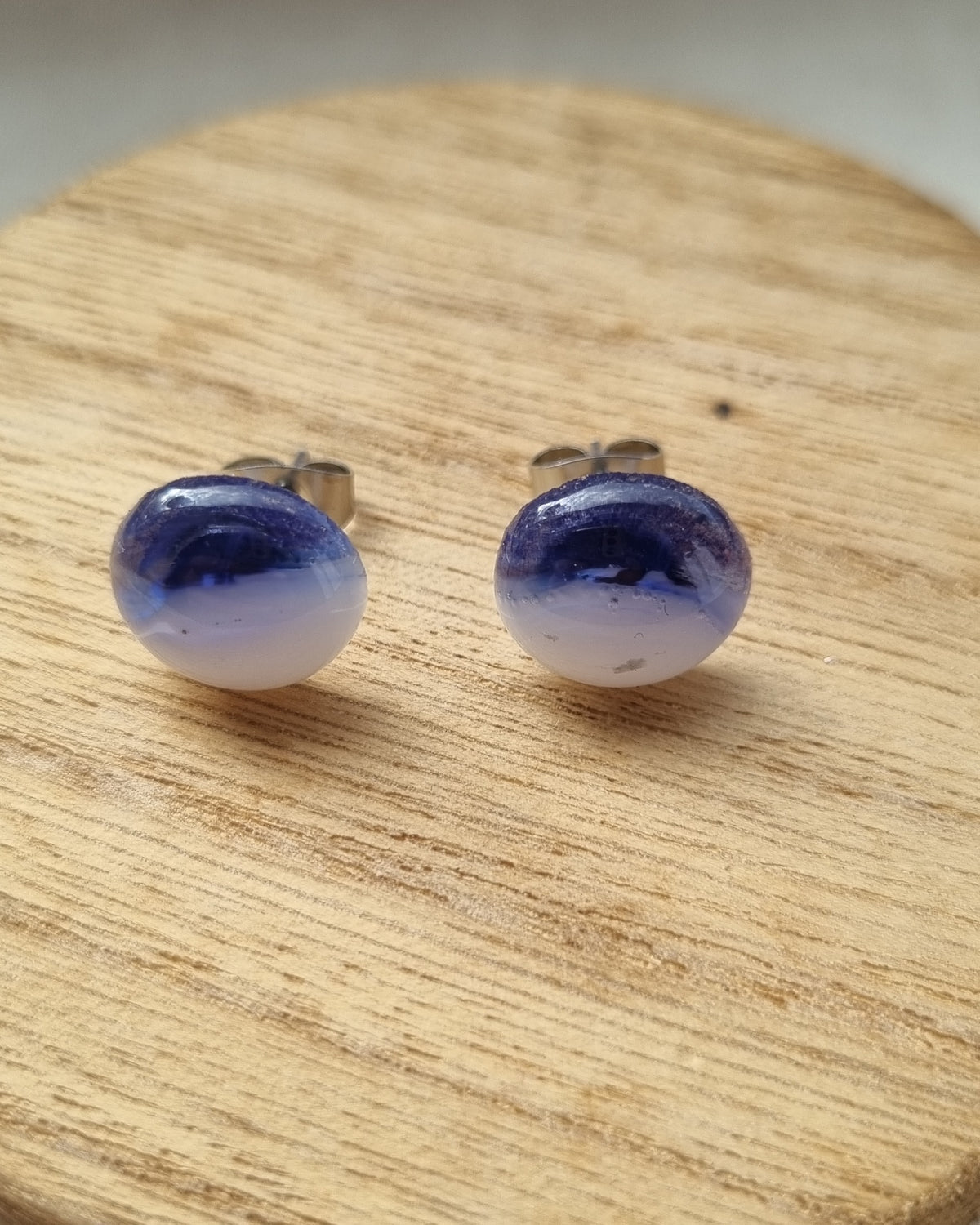 Handmade purple and white glass pebble stud earrings