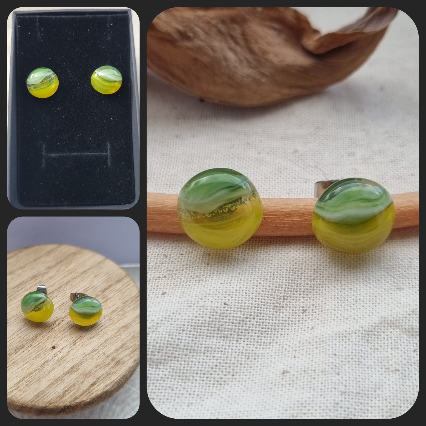 Green and yellow, handmade glass pebble, stud earrings