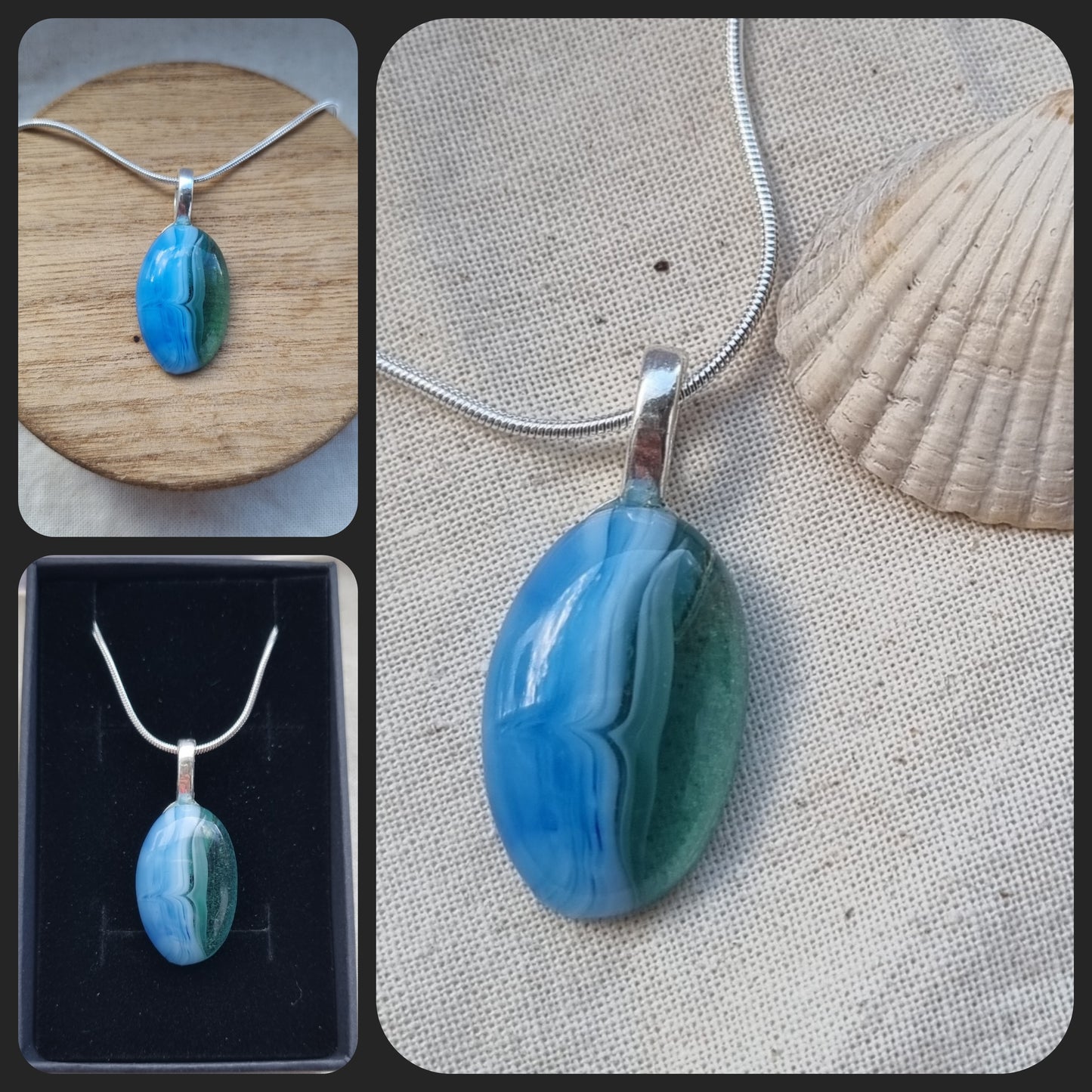 Ocean inspired, and green, handmade glass pebble pendant