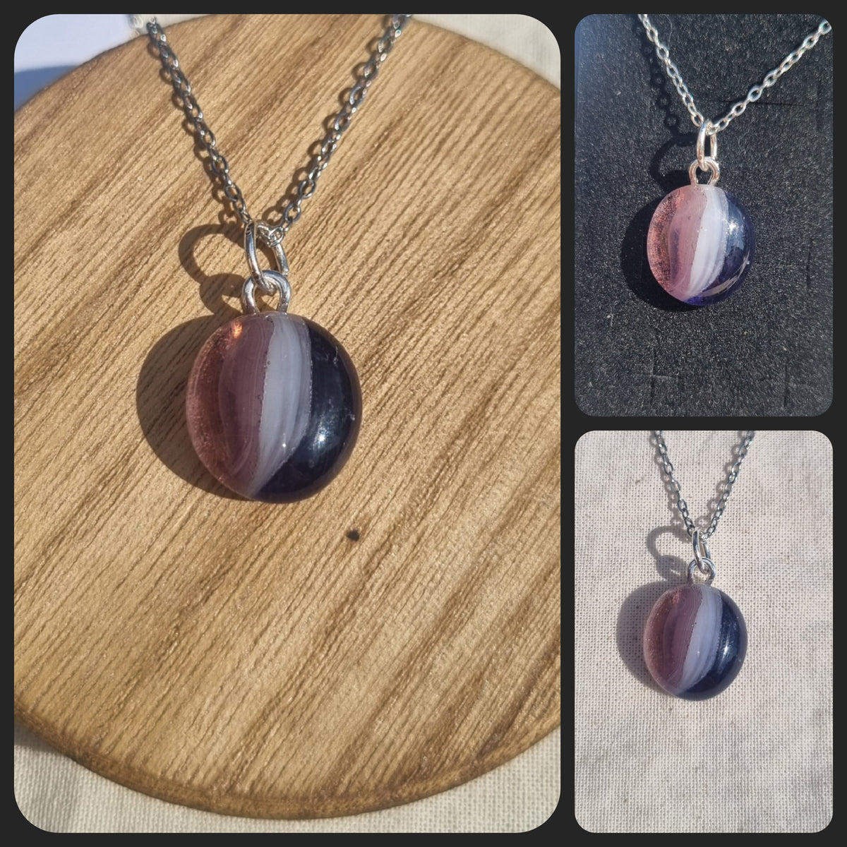 Shades of purple, handmade glass pebble pendant
