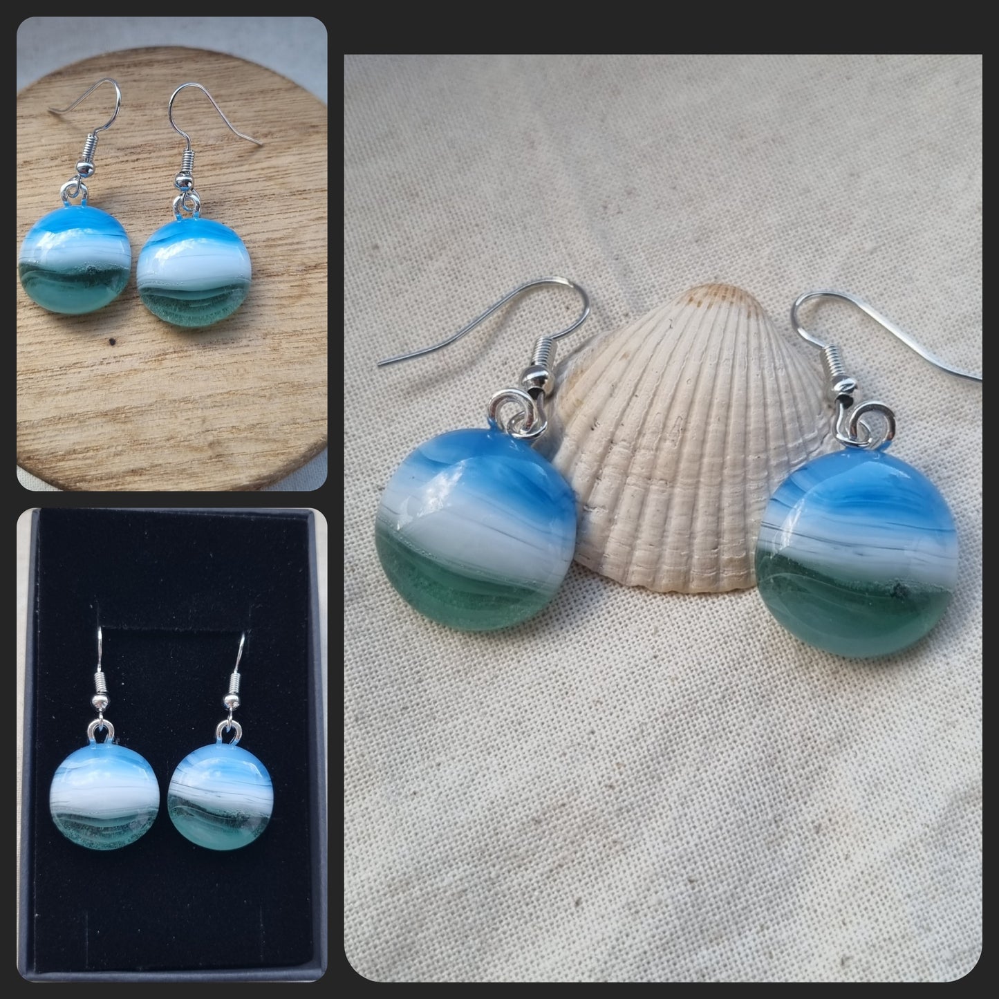 Ocean inspired, blue white and green, handmade glass pebble earrings