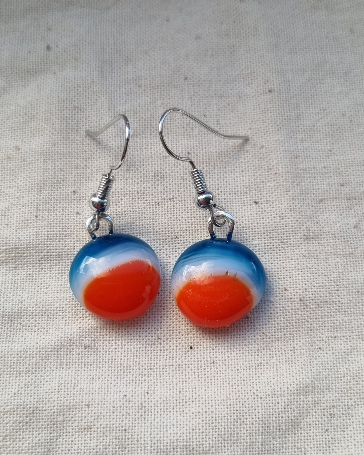 Blue, white and orange handmade glass pebble earrings