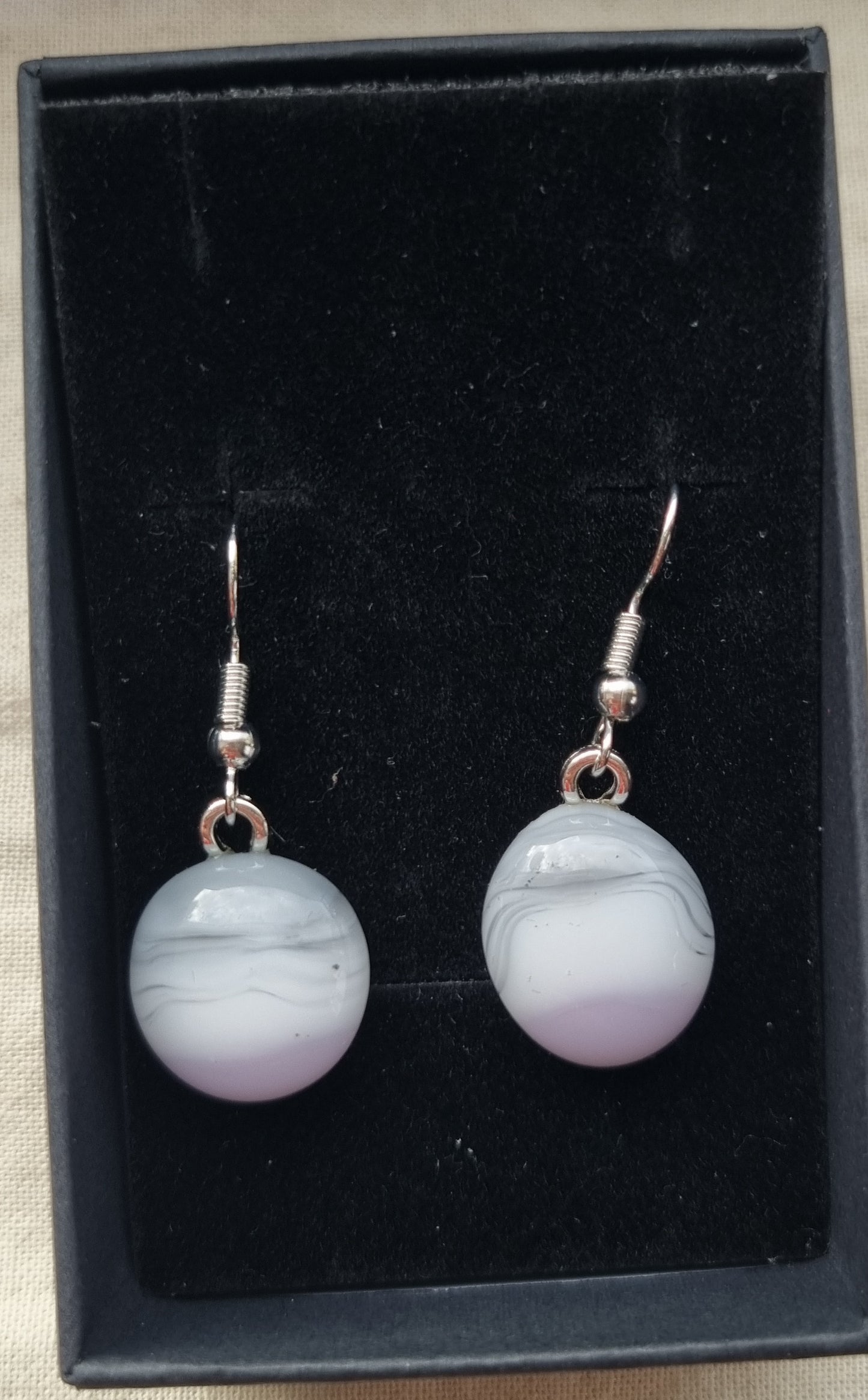 Handmade pink, grey and white glass pebble earrings